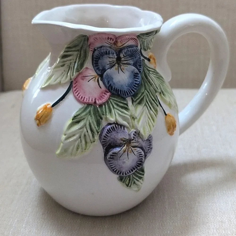 Ceramic Pottery Pitcher Hand Painted Raised Pansy's Alcobaca Portugal Vintage